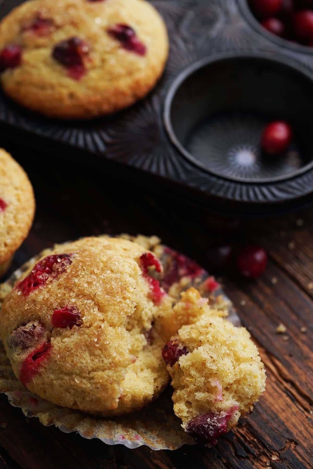 orange cranberry muffin showing fluffy inside