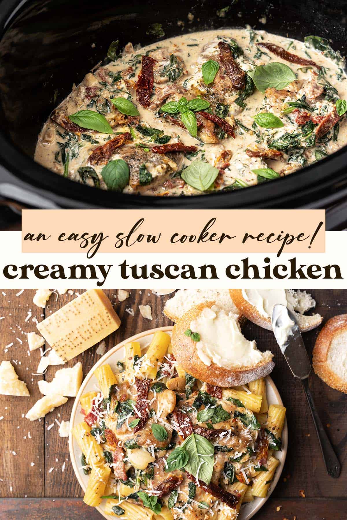 creamy slow cooker tuscan chicken recipe pin