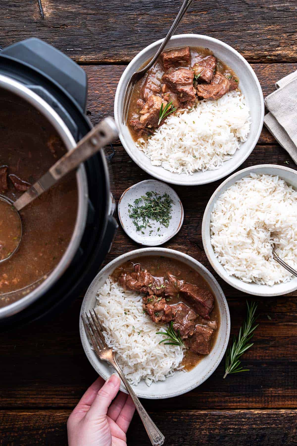 dinner spread of instant pot beef tips recipe with rice
