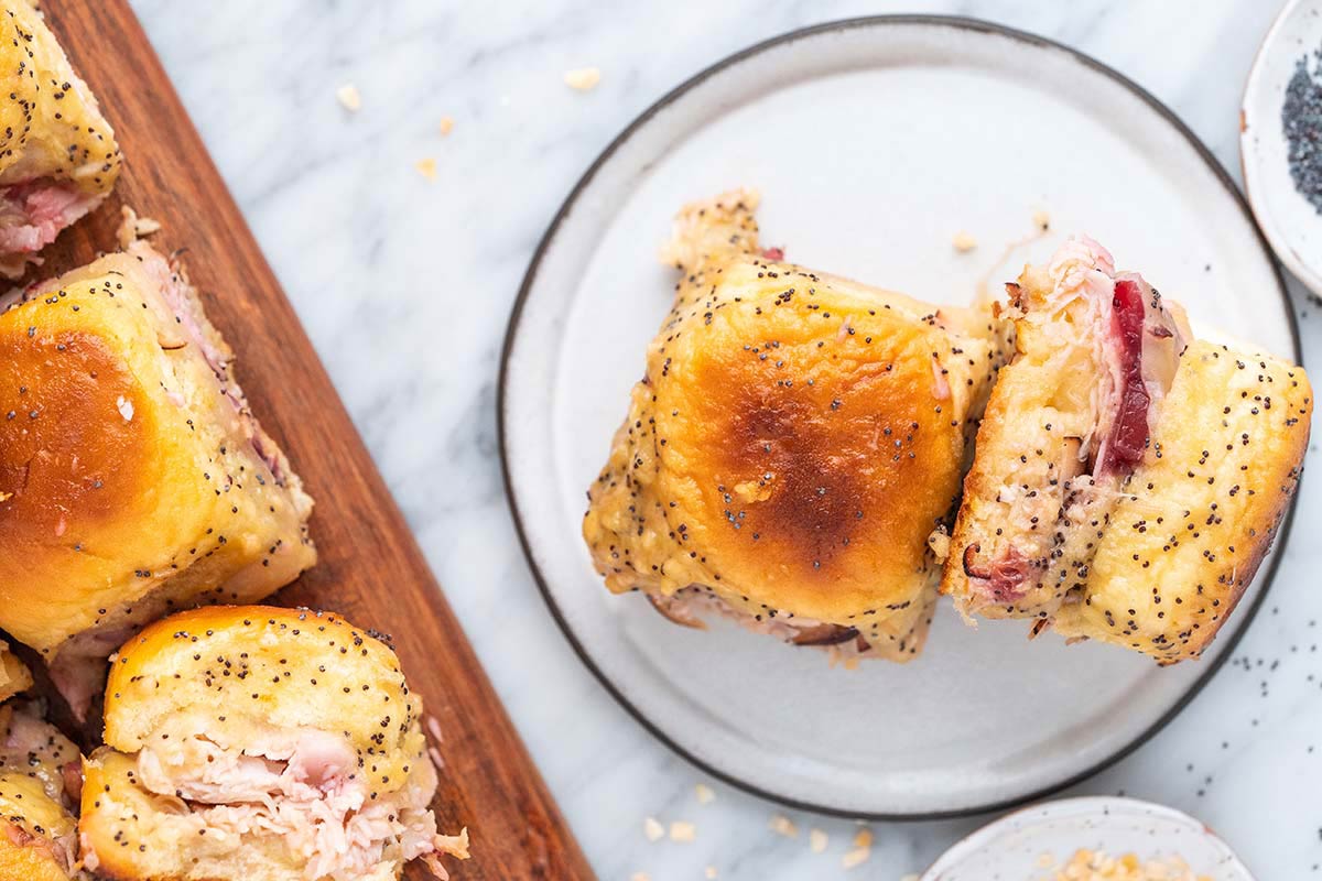 top view of plate of turkey and cheese sliders
