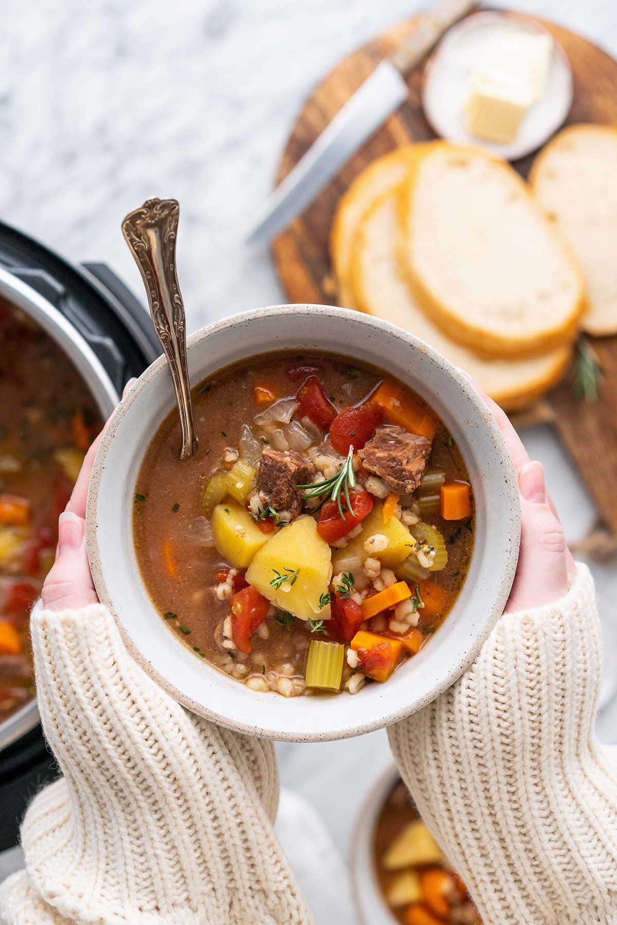 hands holding stoneware bowl of beef stew