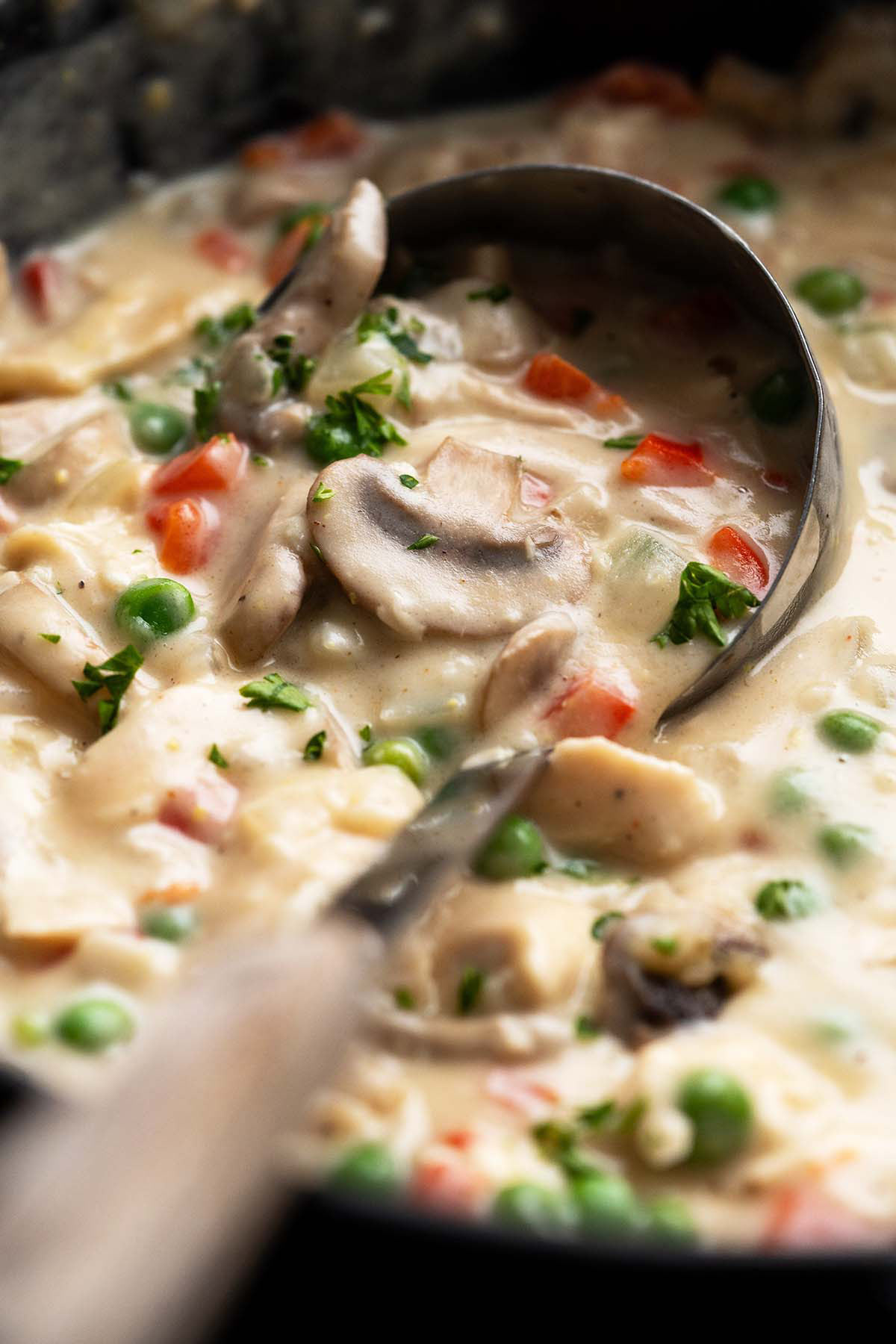 ladle in pot of homemade chicken a la king sauce