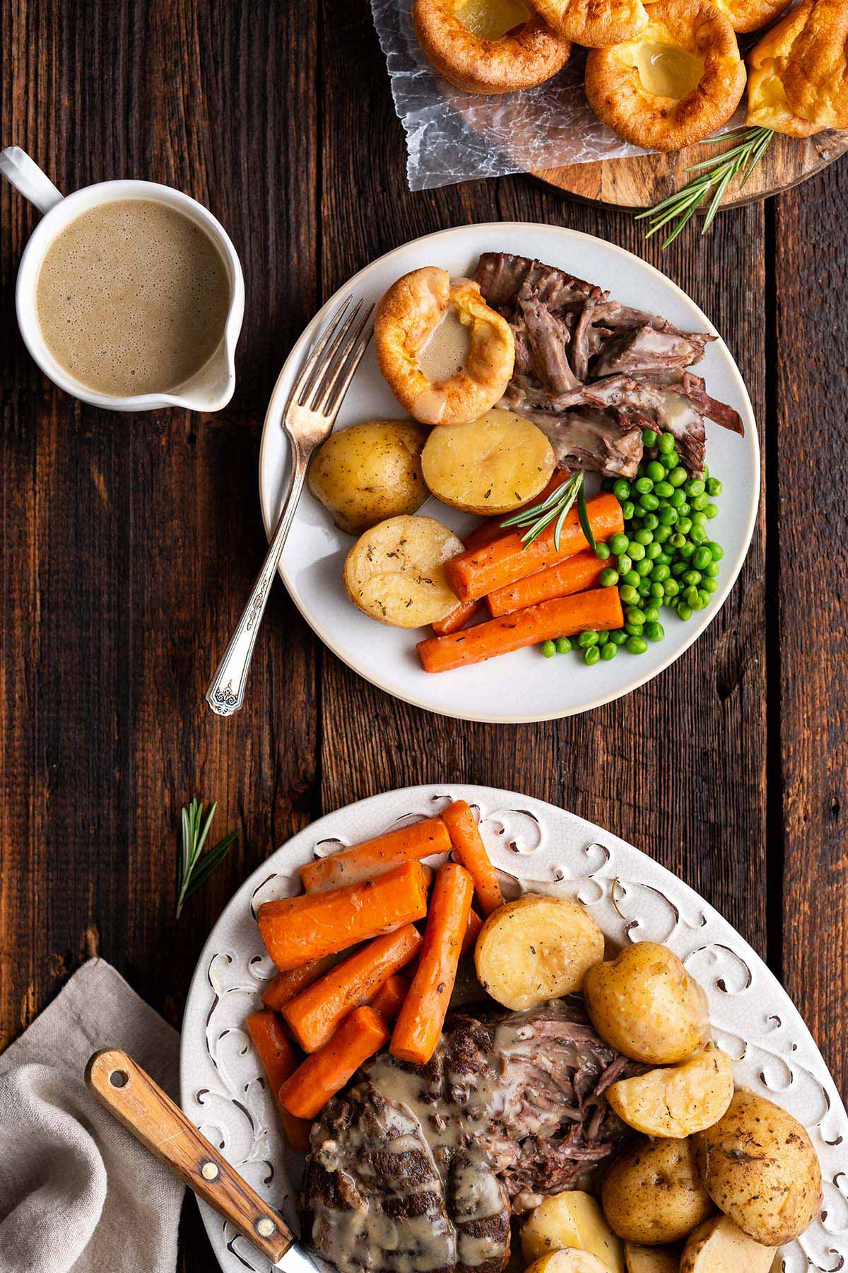 sunday dinner roast spread with easy homemade yorkshire pudding recipe