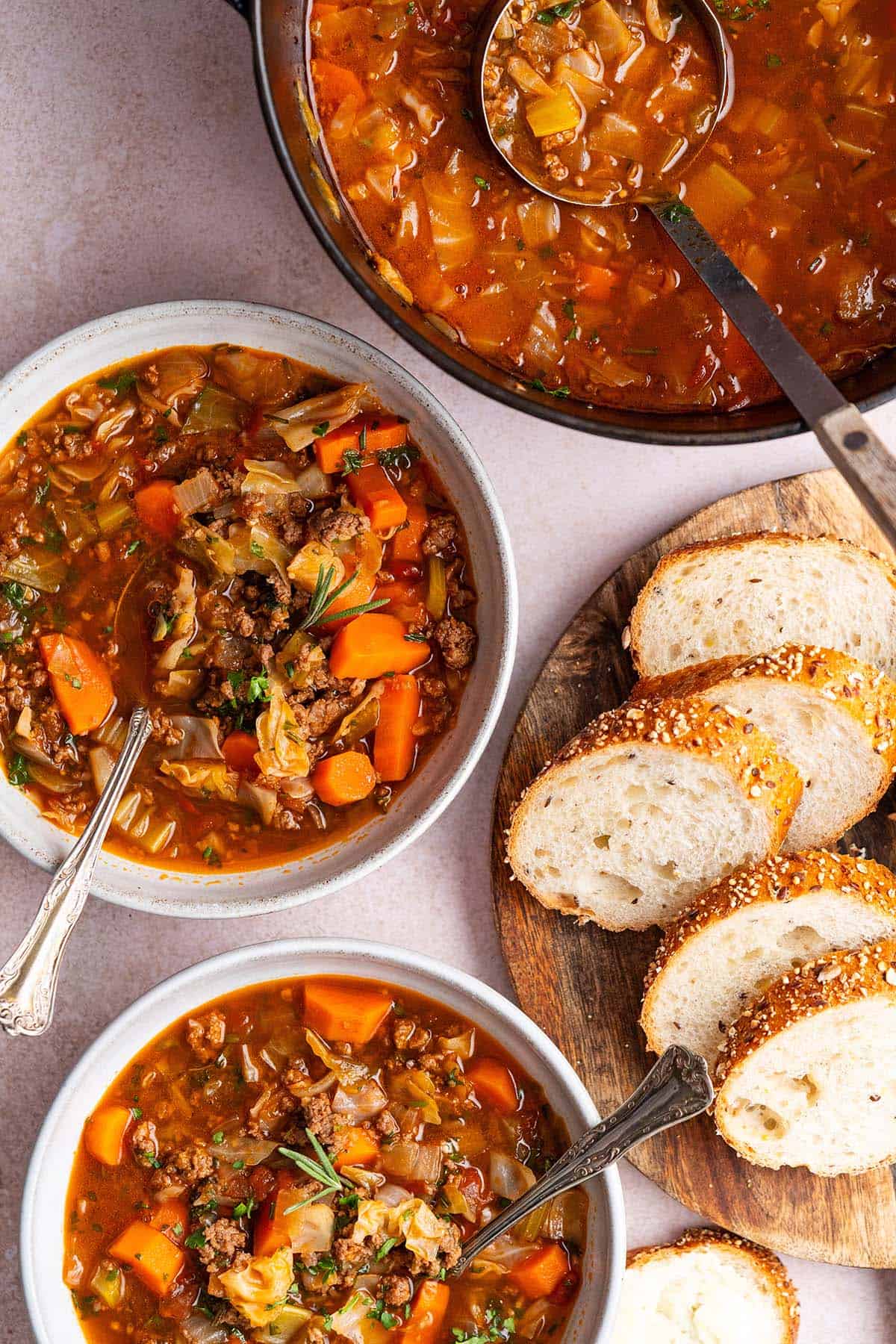 weight loss cabbage soup with beef in bowls