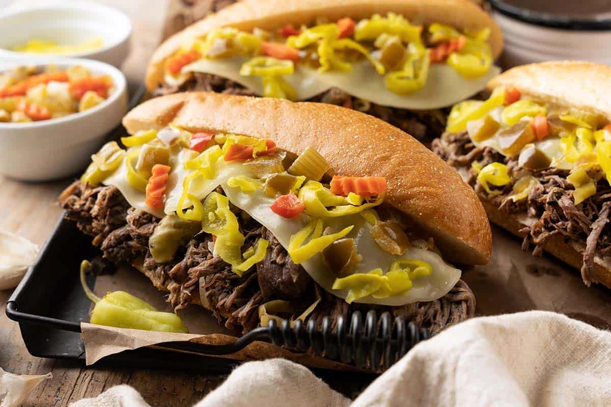 italian beef hoagies with spicy peppers and gravy