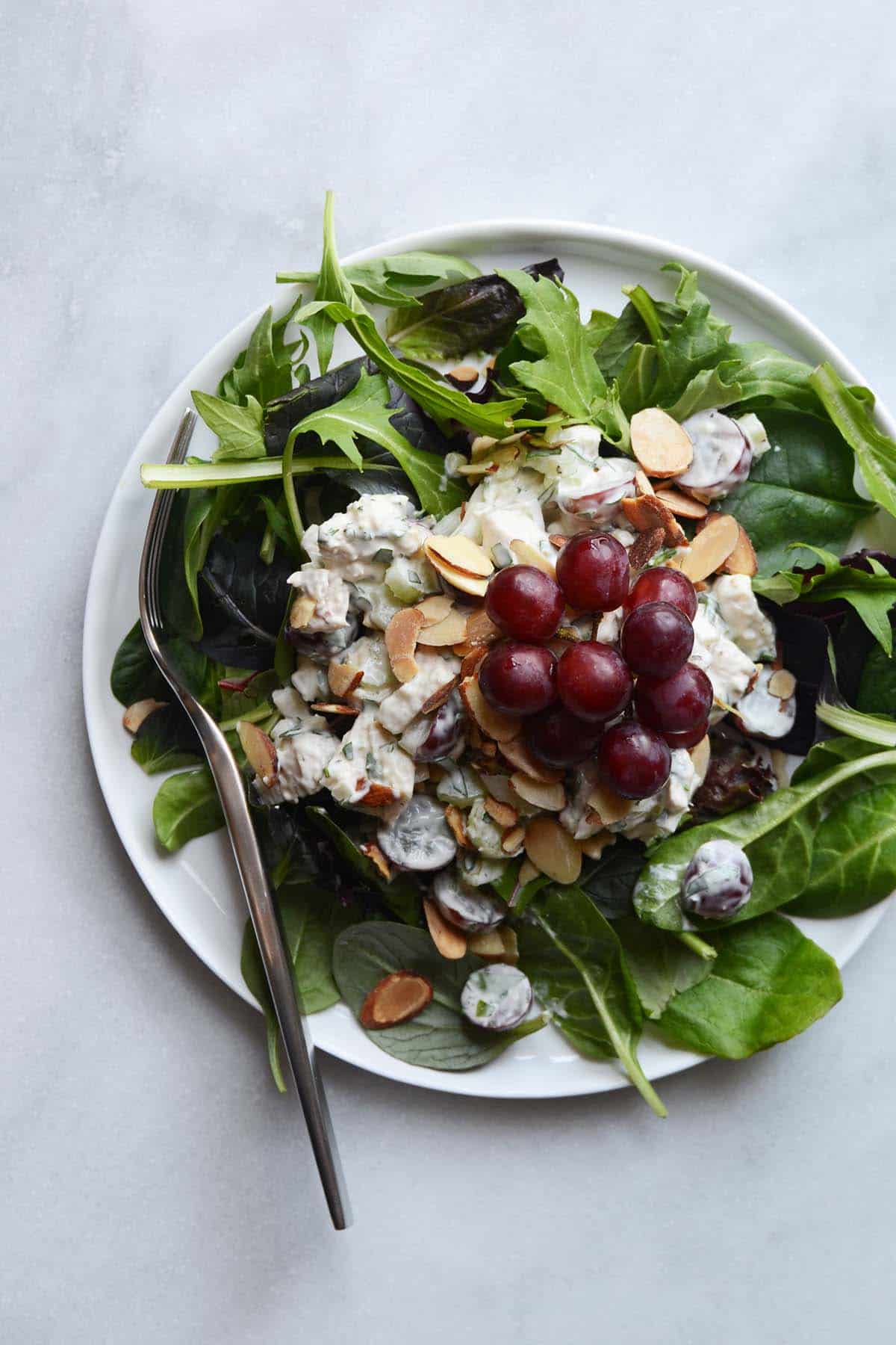 red grape chicken salad with nuts on bed of greens