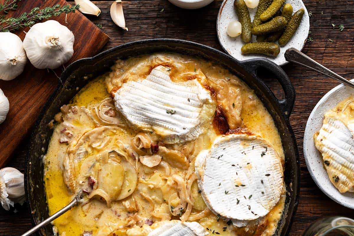 top view of potato cheese casserole in skillet