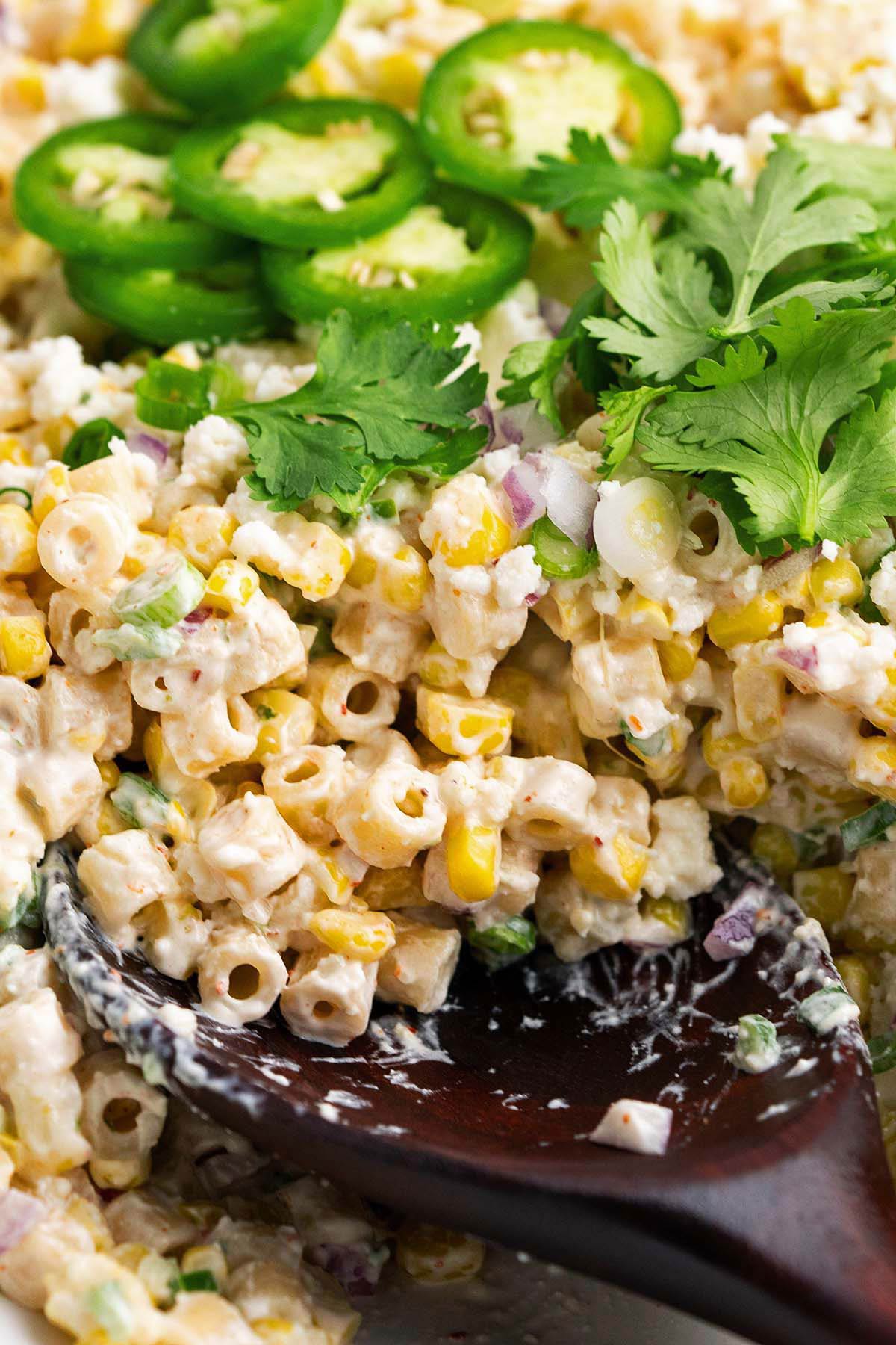 close up front view of elote pasta salad