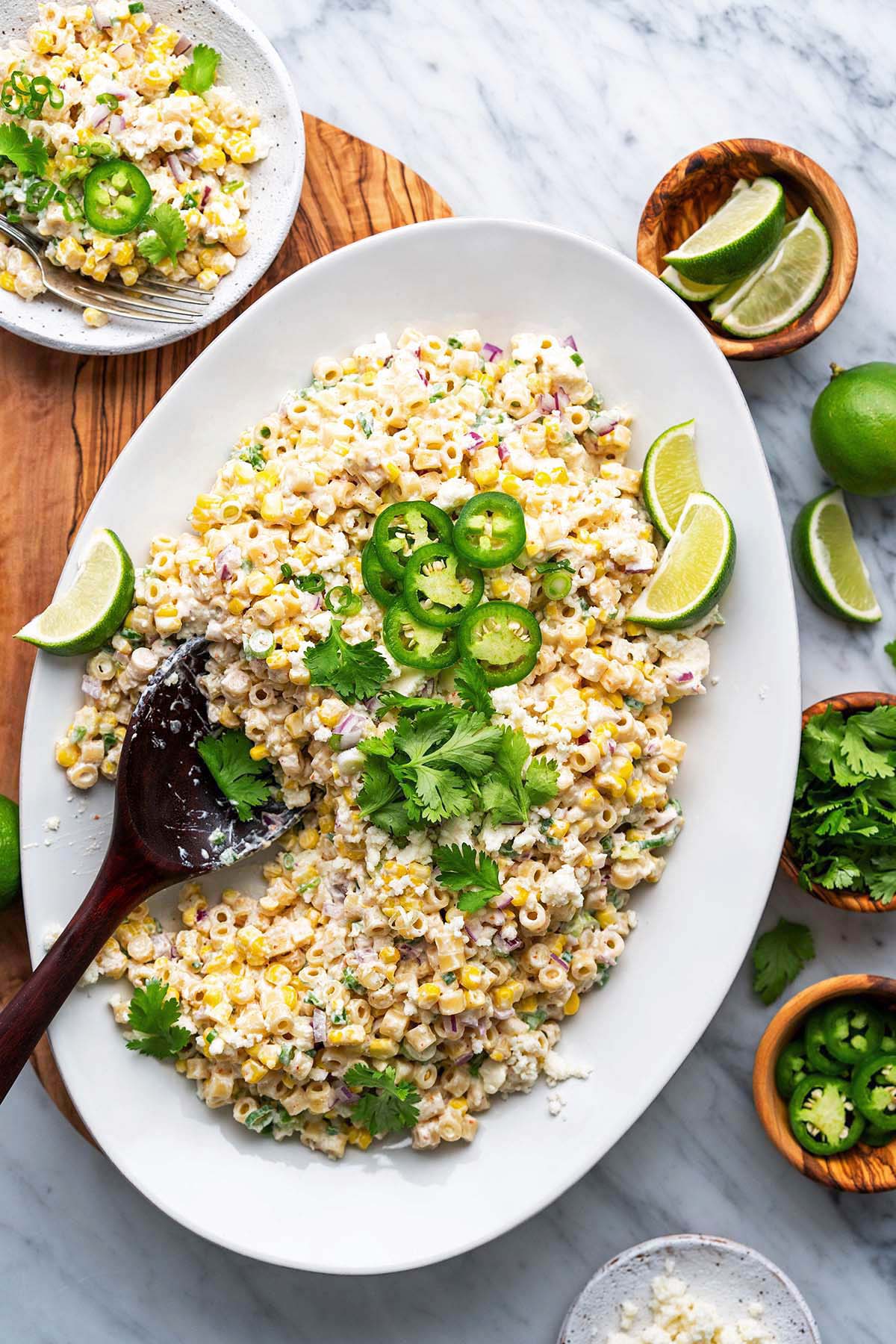 easy street corn pasta salad on serving platter