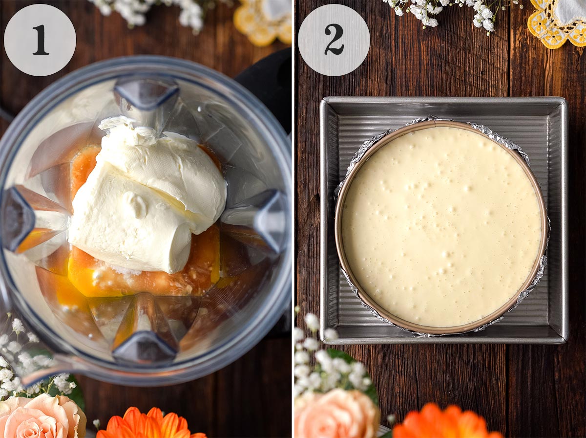 how to make easy high protein cheesecake using blender and baking in a water bath