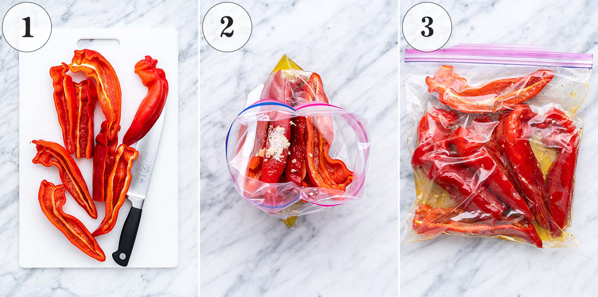 how to prep and marinate red peppers for grilling or oven roasting