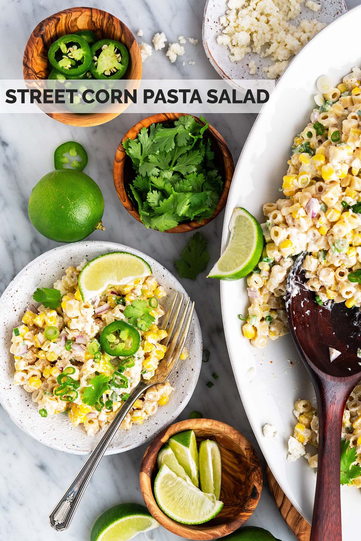 mexican elote inspired street corn pasta salad recipe pin