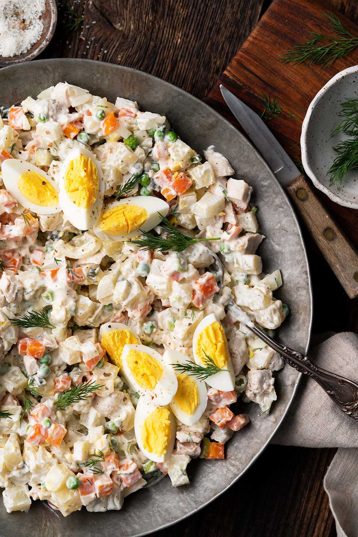 close up overhead view of platter of Russian Olivier Salat