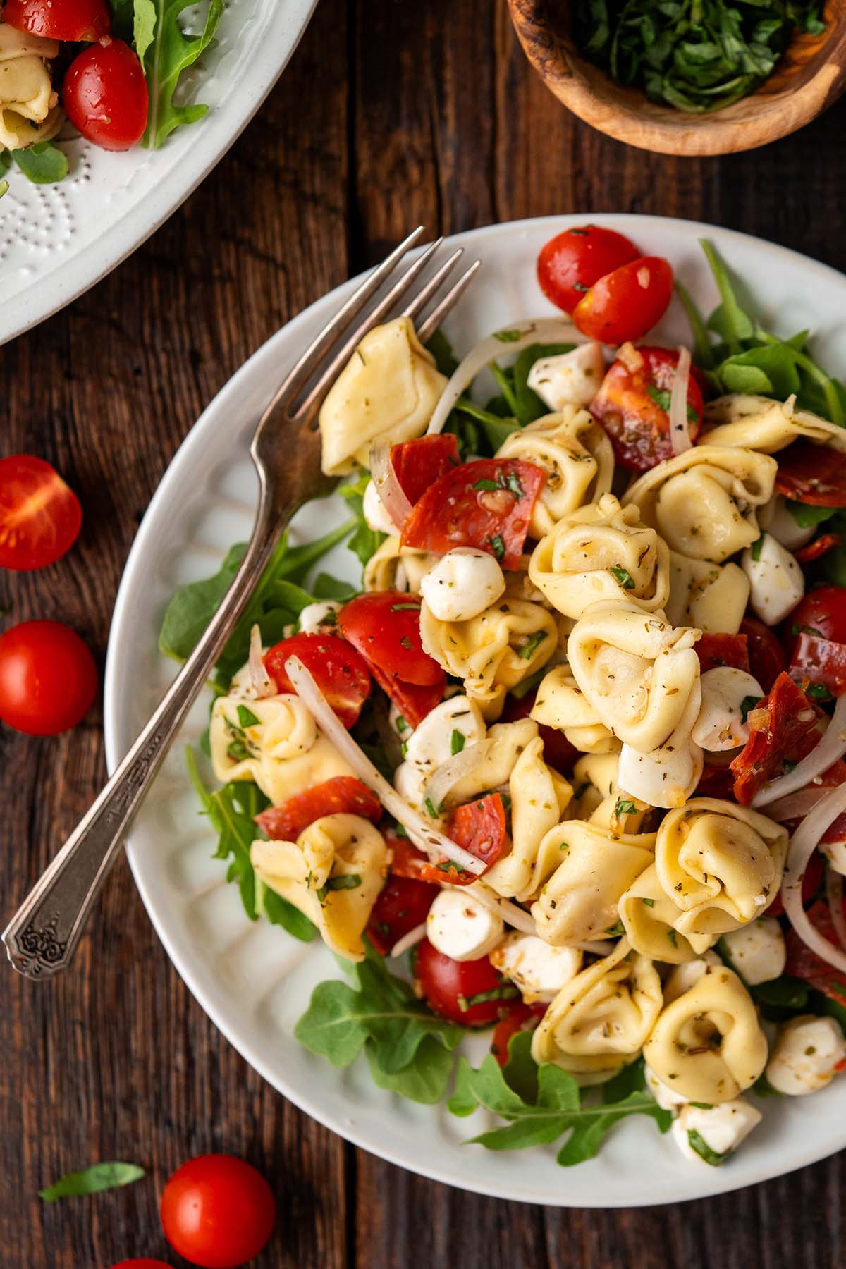 close up top view of plate of pasta salad with tomatoes and arugula