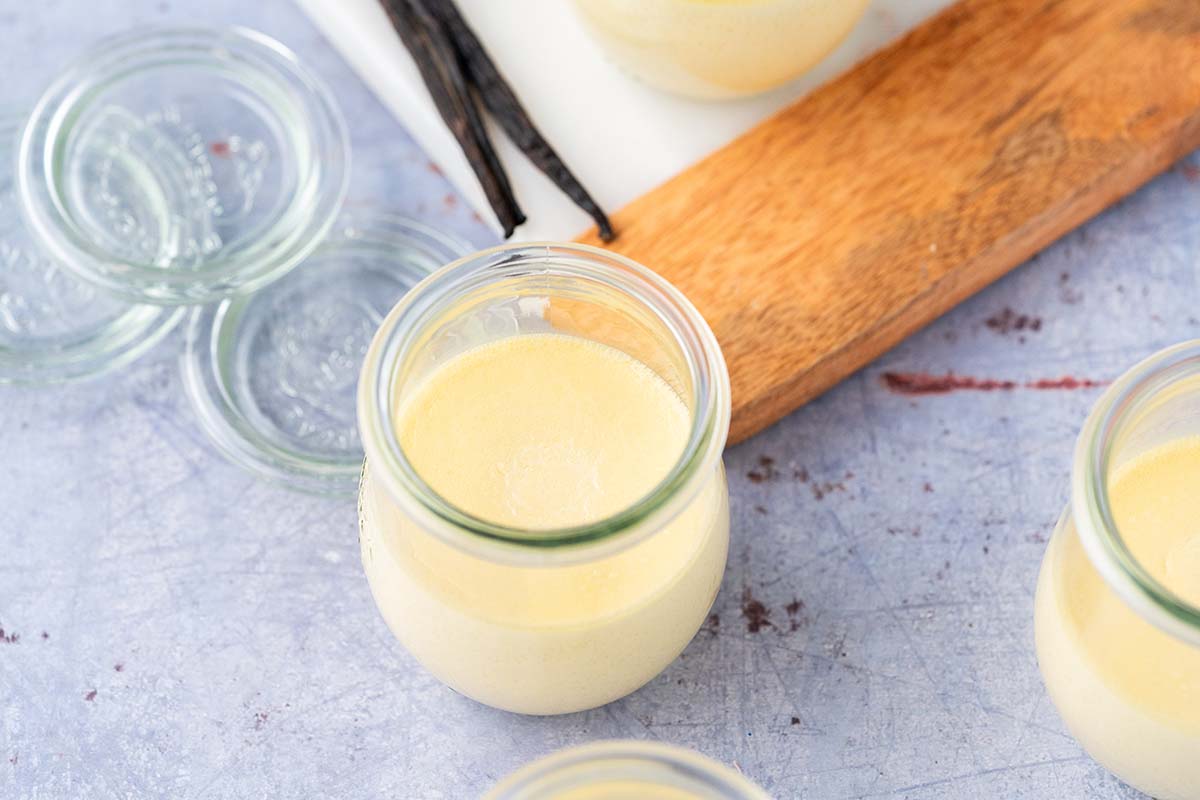 creamy baked egg custard in small weck jar