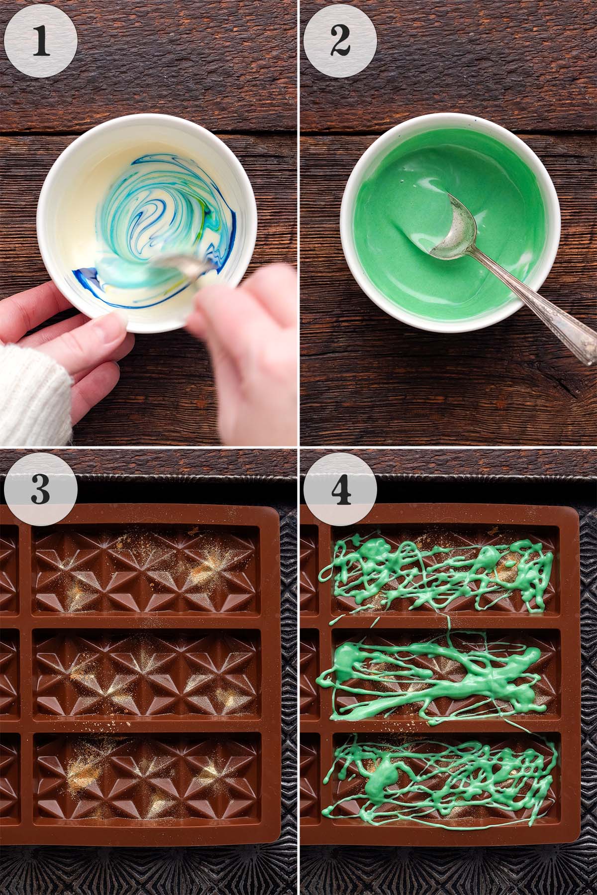 how to decorate the mold to make pistachio chocolate bars