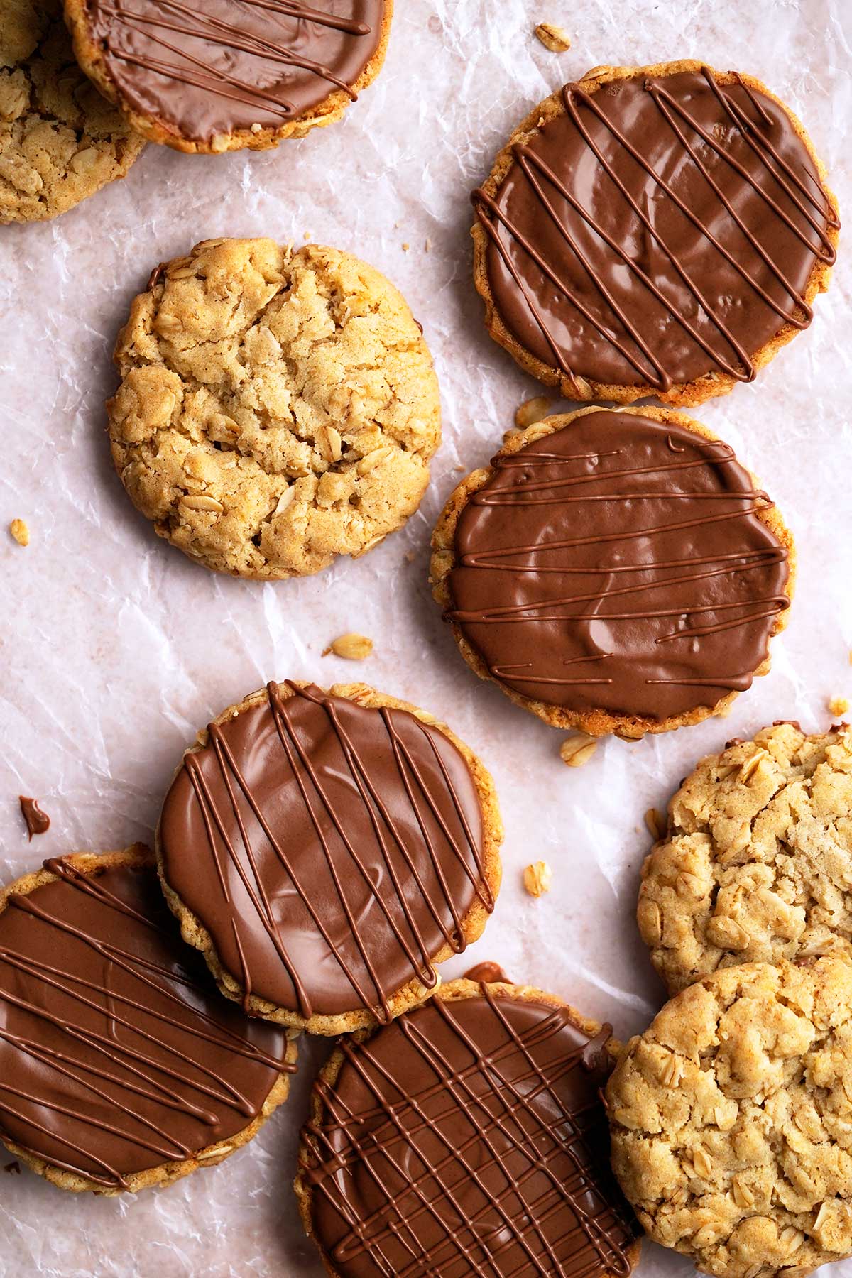 overhead view of homemade chocolate hobnob biscuits
