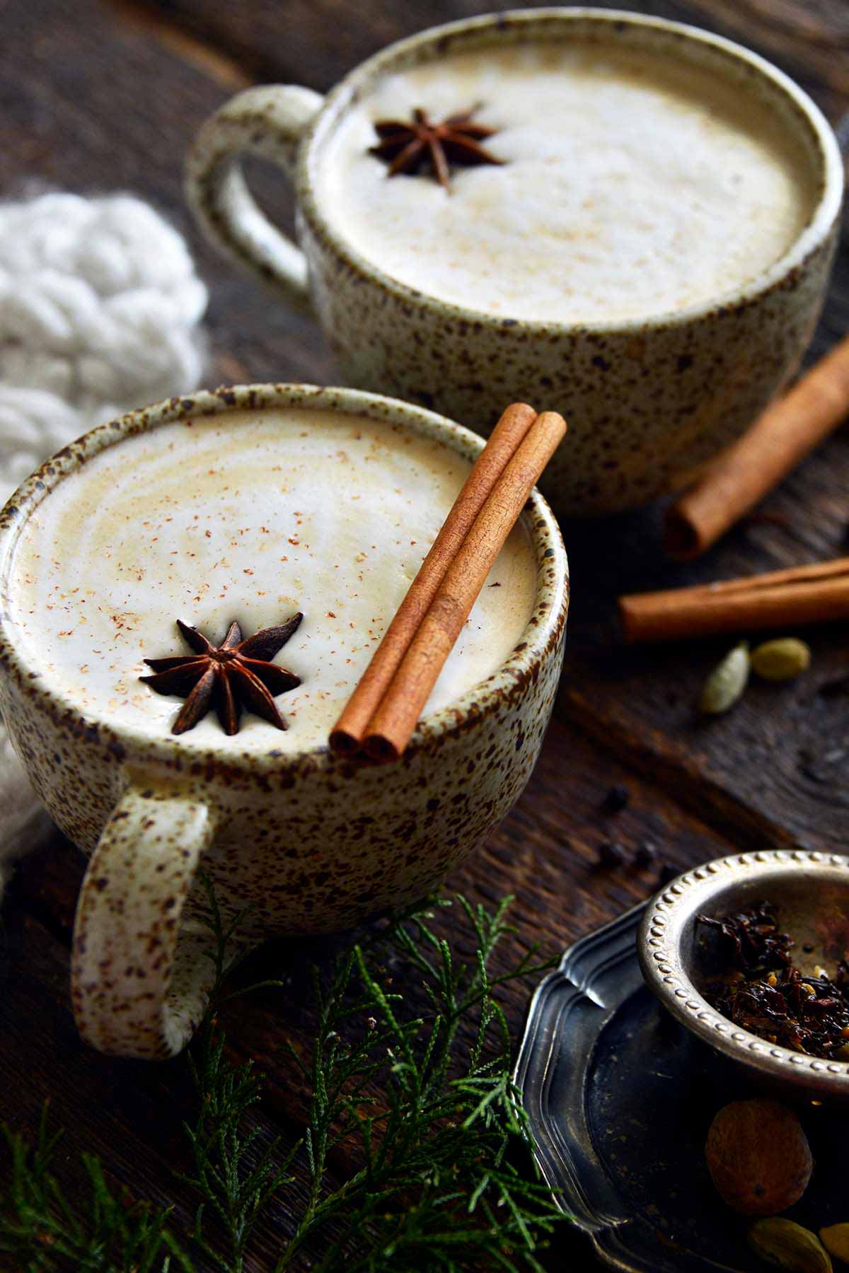 front view of dirty chai masala latte in stoneware mug