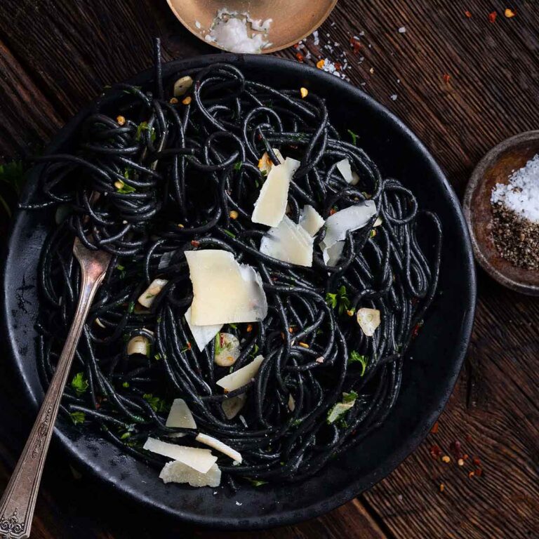 squid ink black pasta with garlic and olive oil for halloween dinner