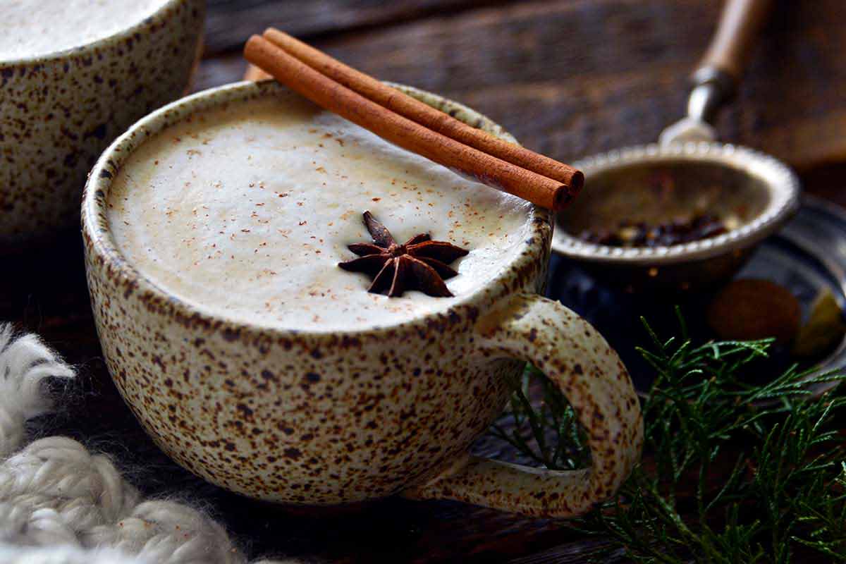 stoneware pottery mug with masala chai dirty latte