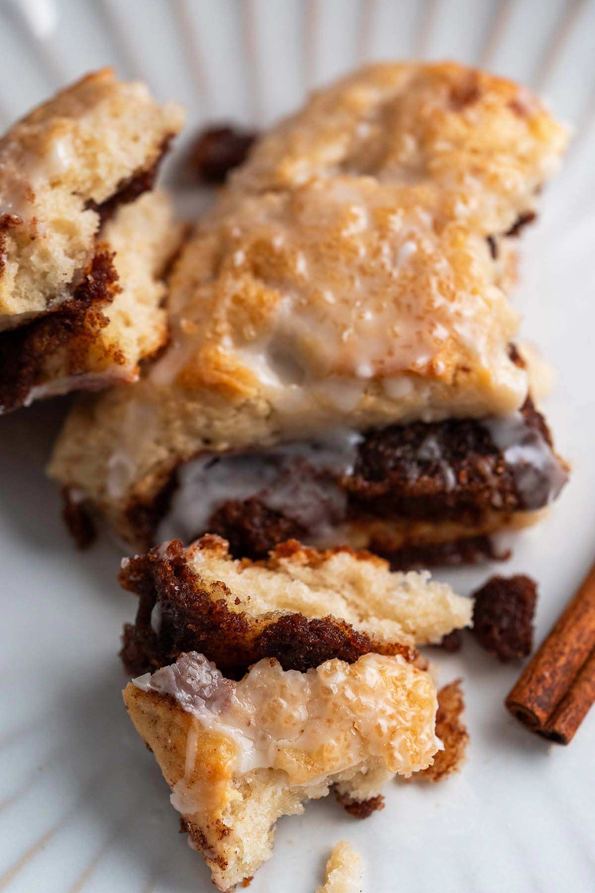 flaky tender sourdough scone with cinnamon filling on plate