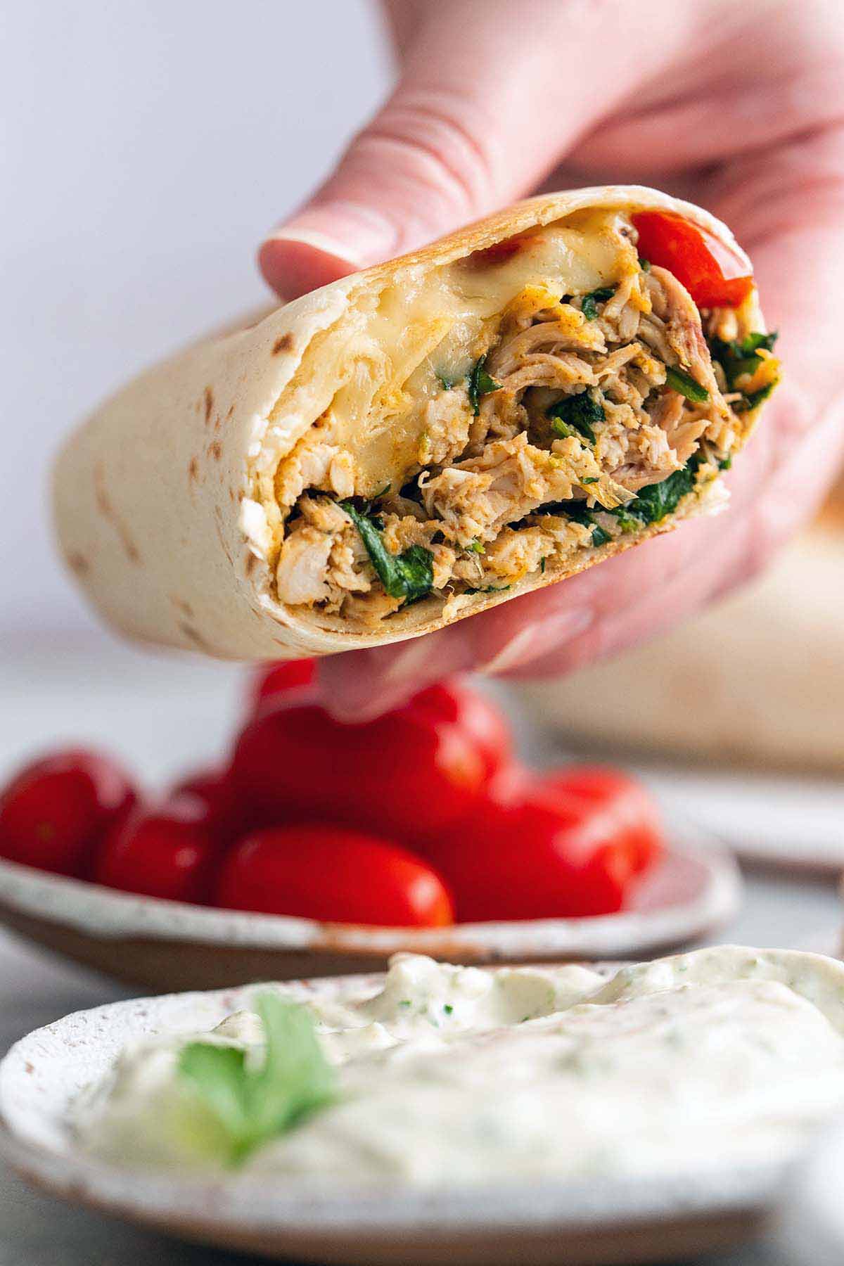 hand holding high protein chicken vegetable burrito over dish of cottage cheese dip