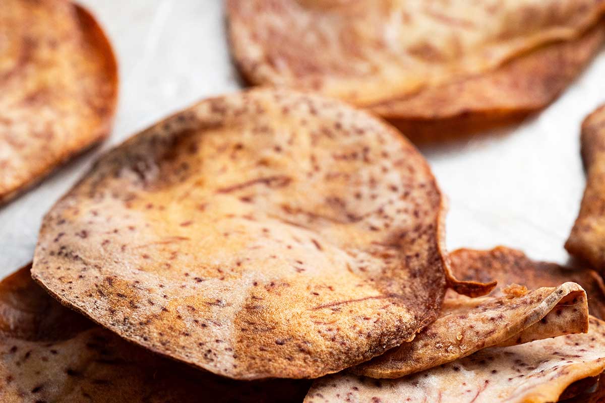 close up of crispy golden taro chips