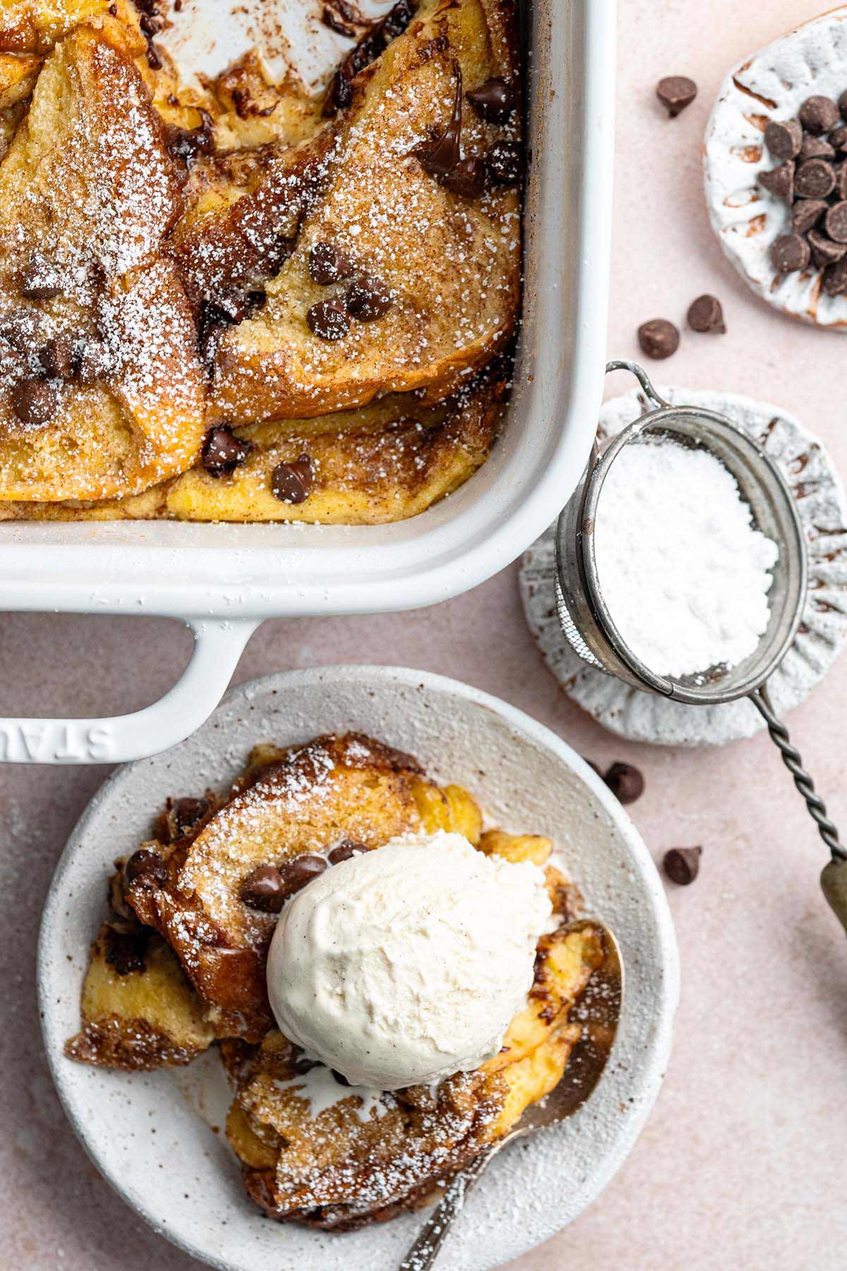 brioche bread and butter pudding topped with vanilla custard