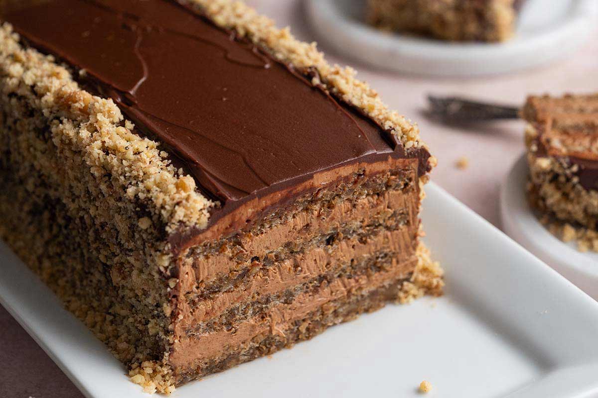 walnut sponge cake layered with chocolate cream