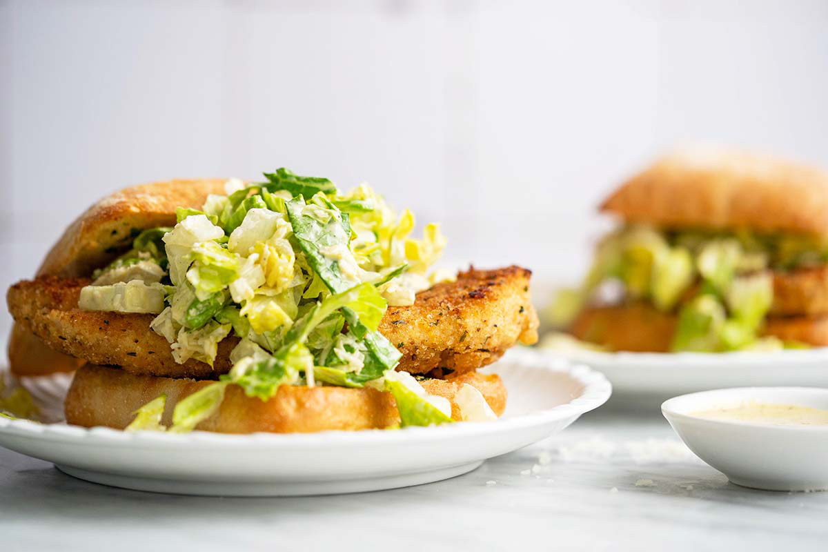 fried chicken Caesar sandwich with homemade salad dressing