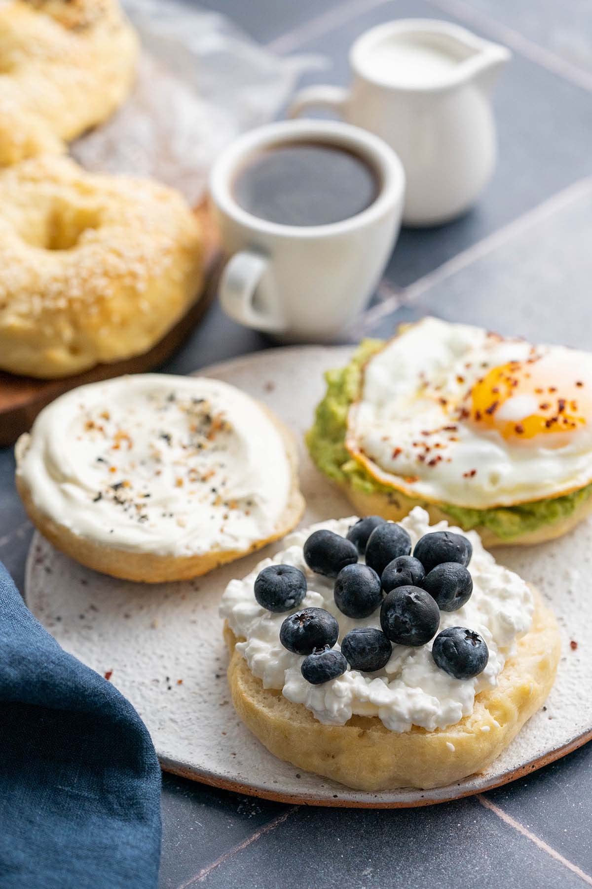 high protein breakfast with homemade bagels cottage cheese and avocado