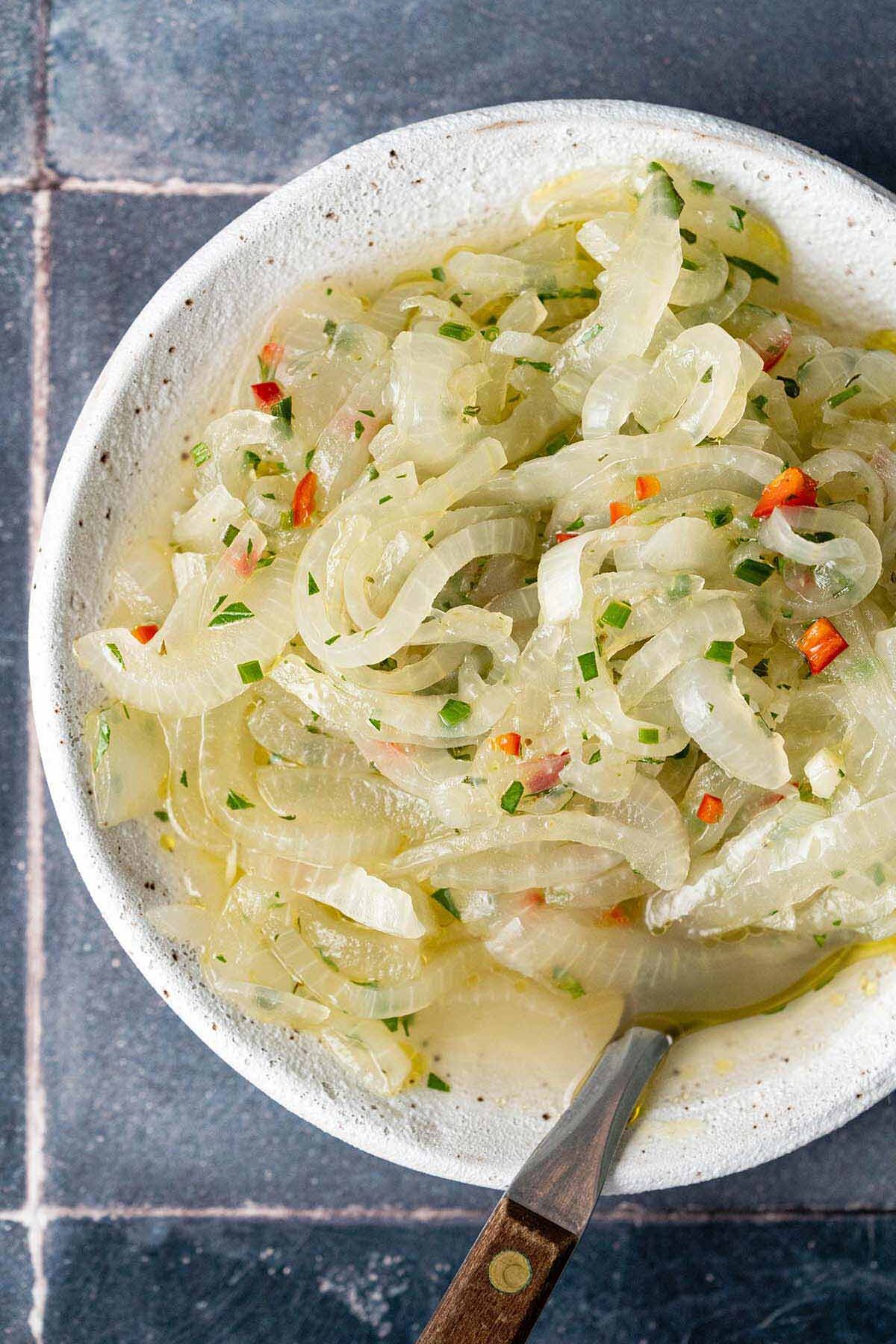 close up top view of Brazilian onion salad for churrasco