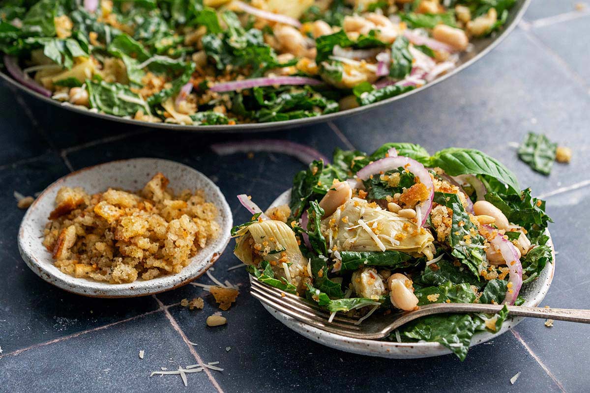 laminate kale salad with sourdough breadcrumb croutons