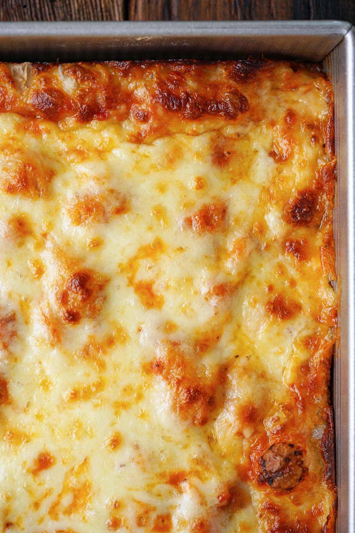 top view of Detroit pizza in rectangular baking pan