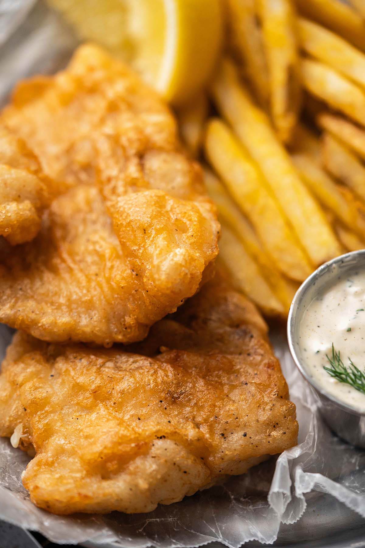 beer battered fish fry with side of chips