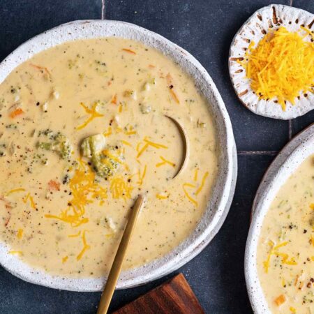 high protein broccoli cheddar cheese soup recipe featured image