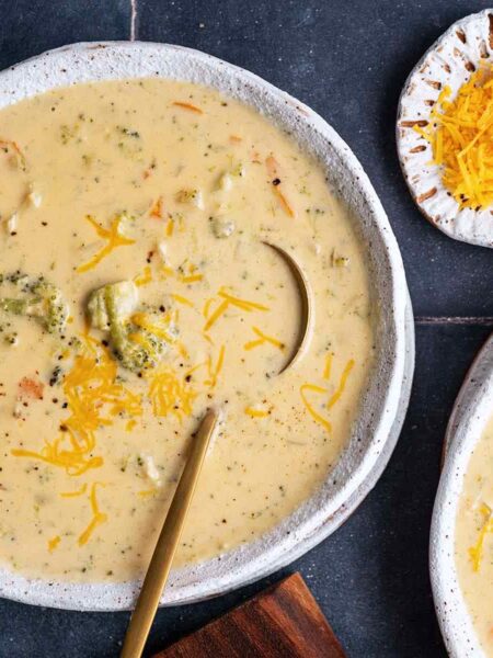 high protein broccoli cheddar cheese soup recipe featured image