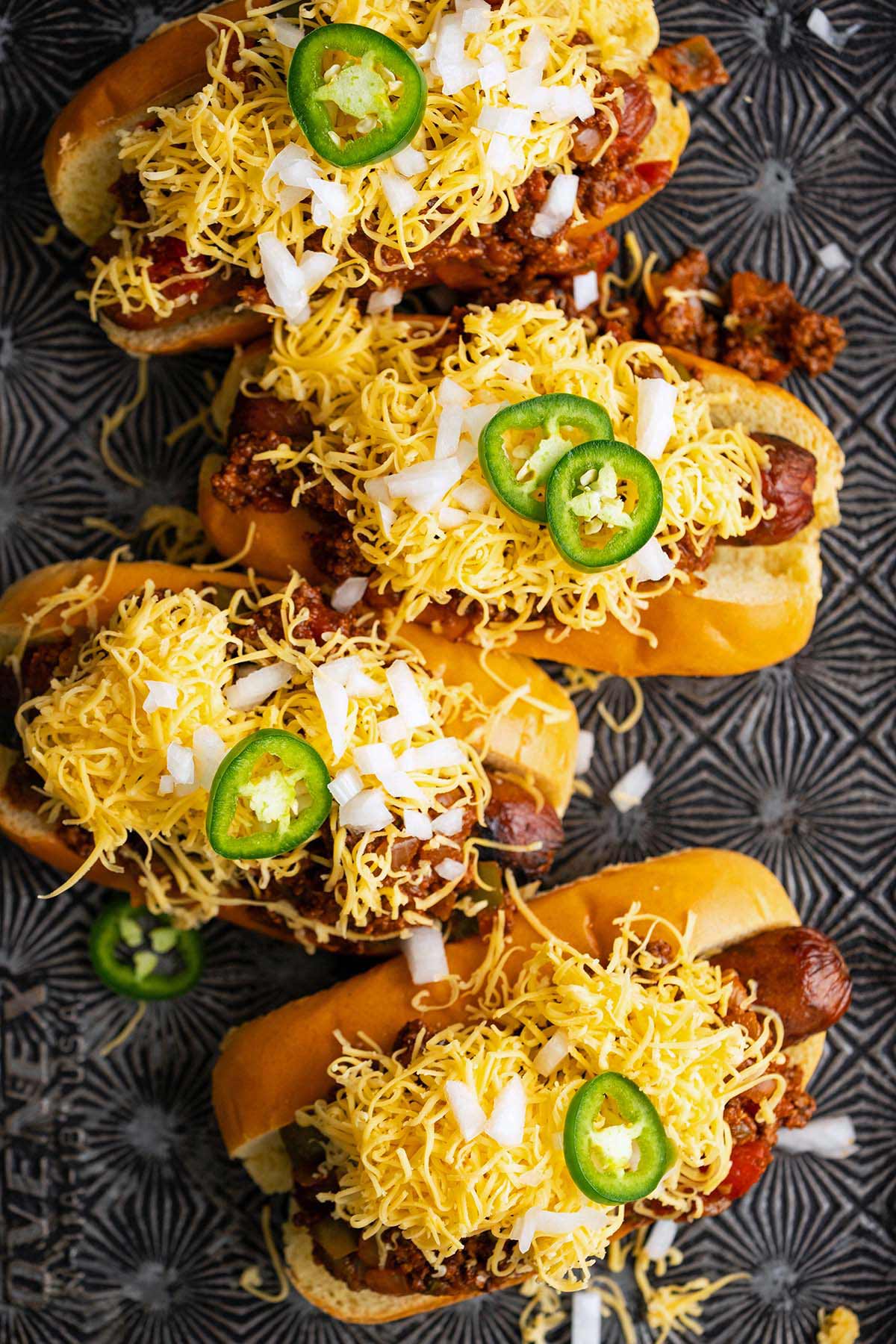chili cheese hot dogs on vintage oven tray