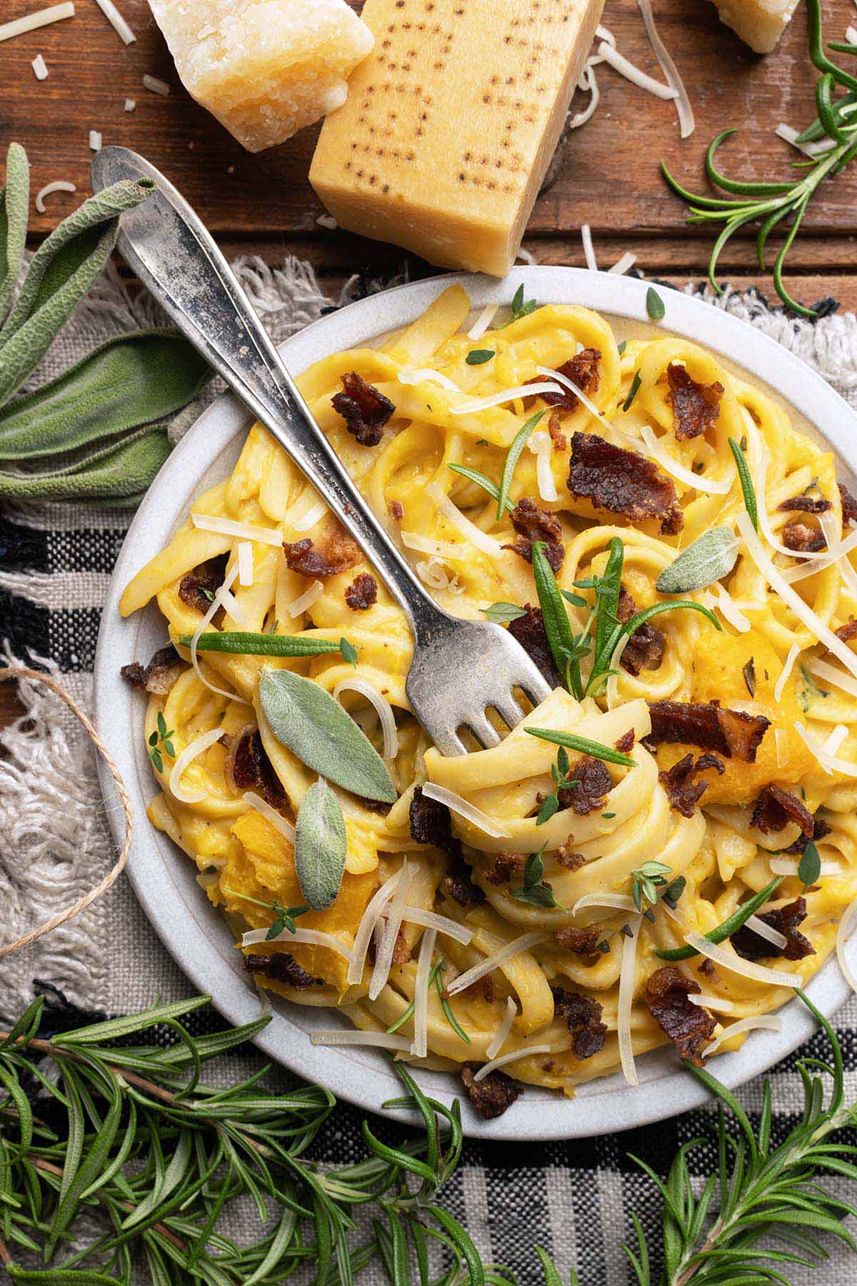 close up top view of autumn pasta with butternut squash