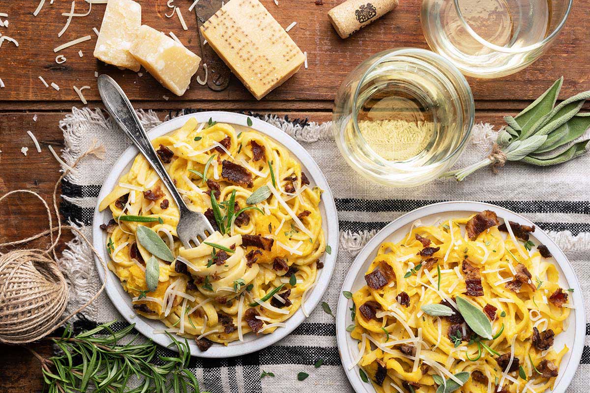 pasta with roasted butternut squash sauce parmesan and bacon