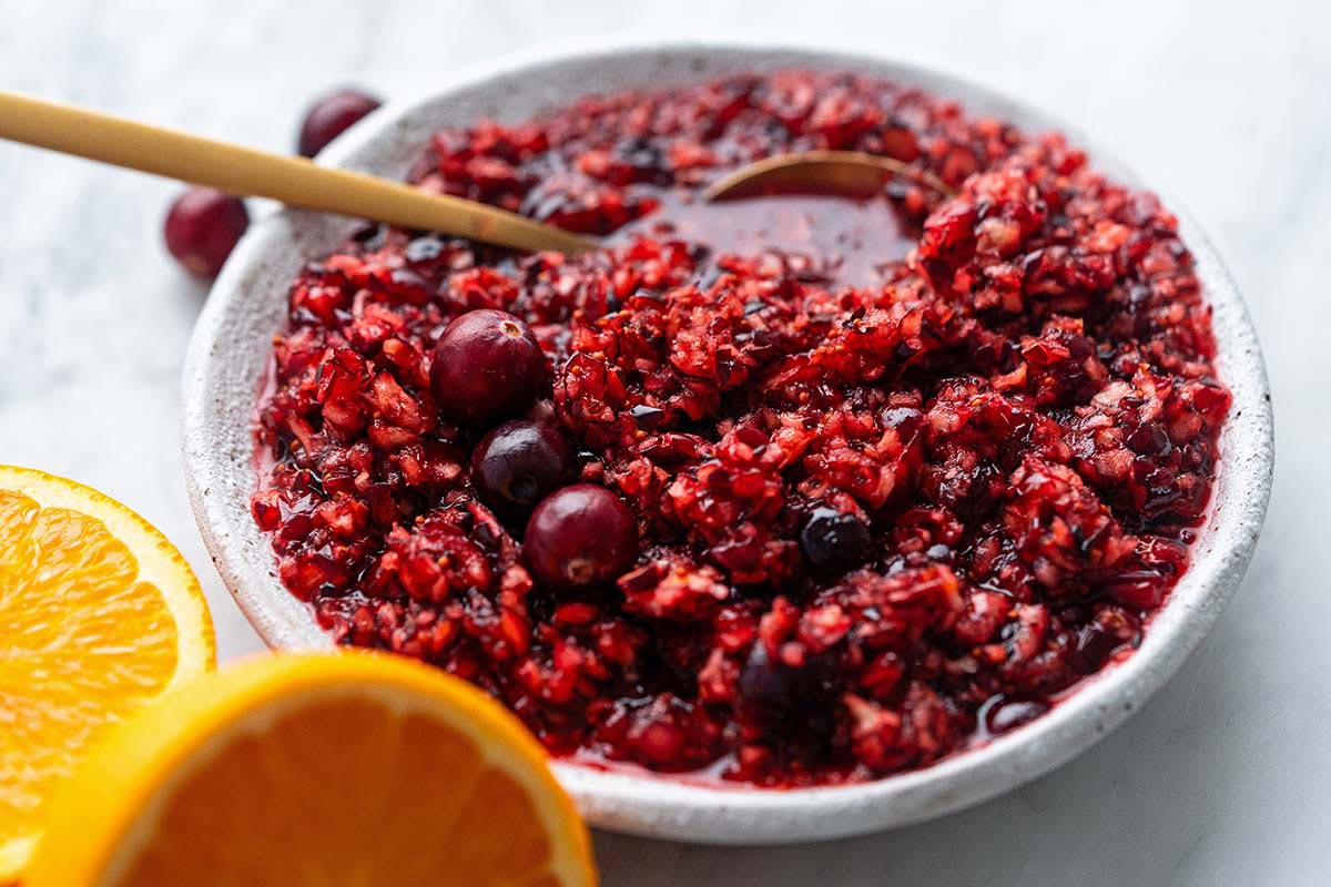 bowl of fresh cranberry relish with orange