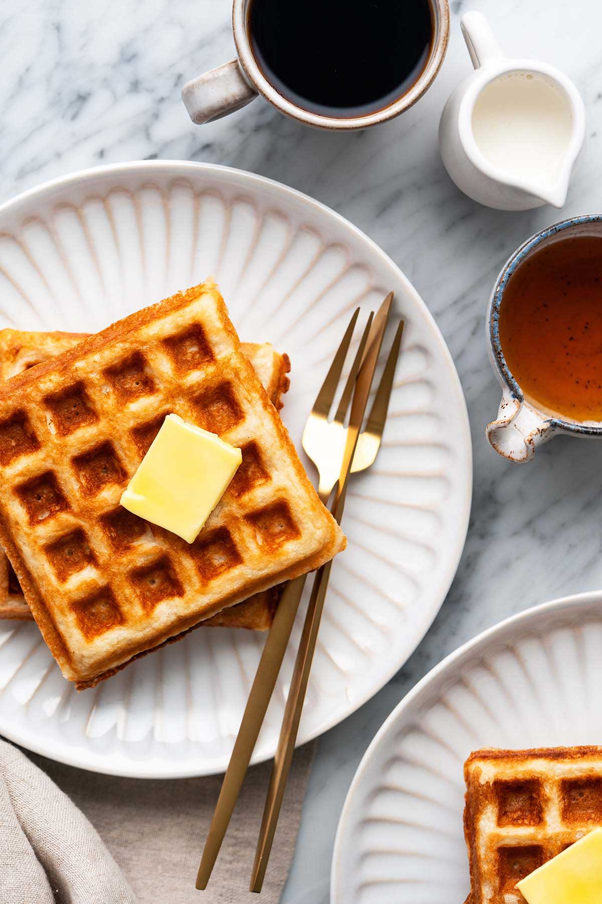 crispy sourdough waffles breakfast spread