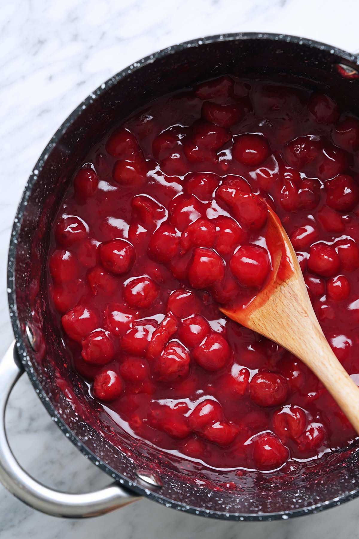 homemade sour cherry pie filling in pot