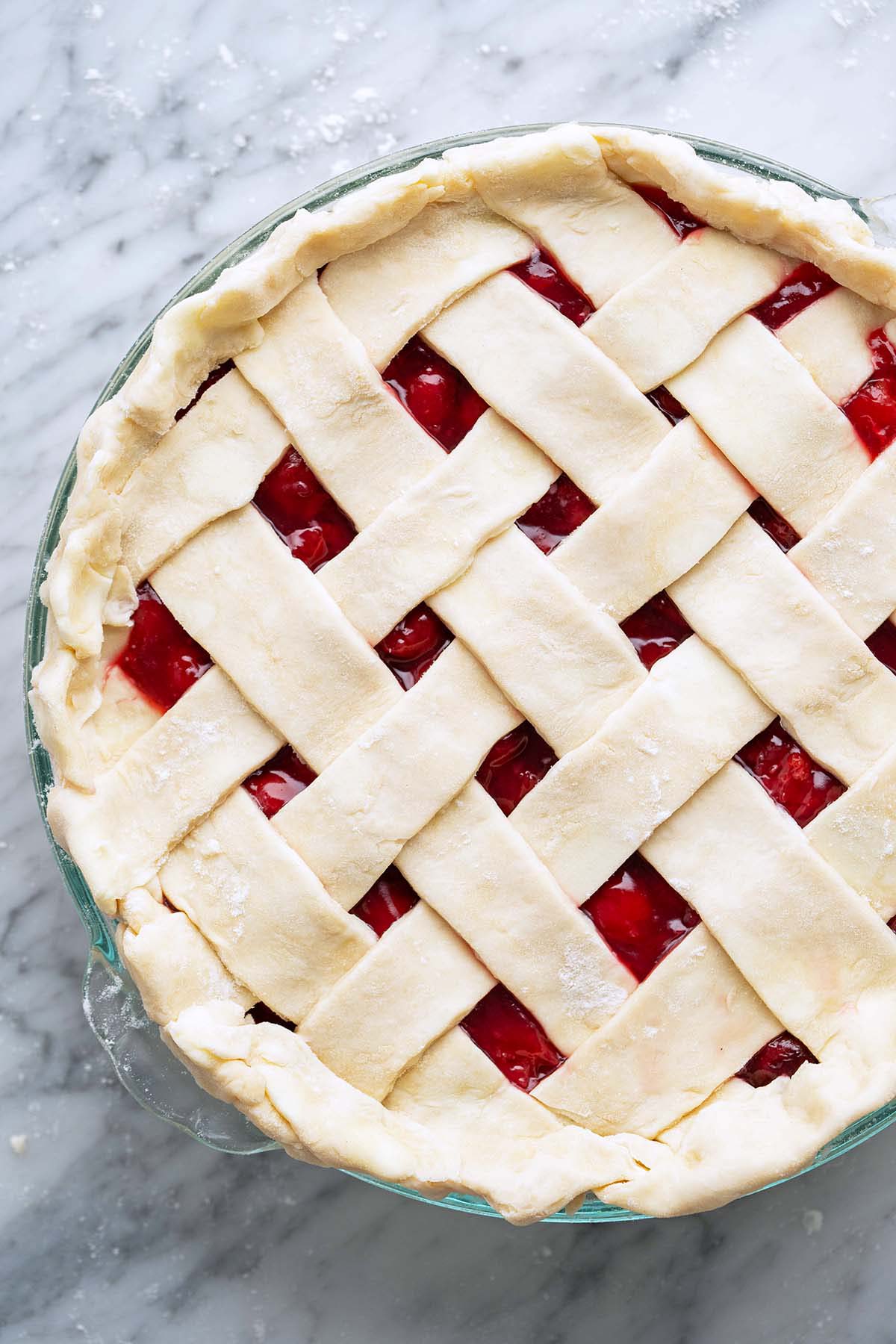 lattice crust cherry pie before baking