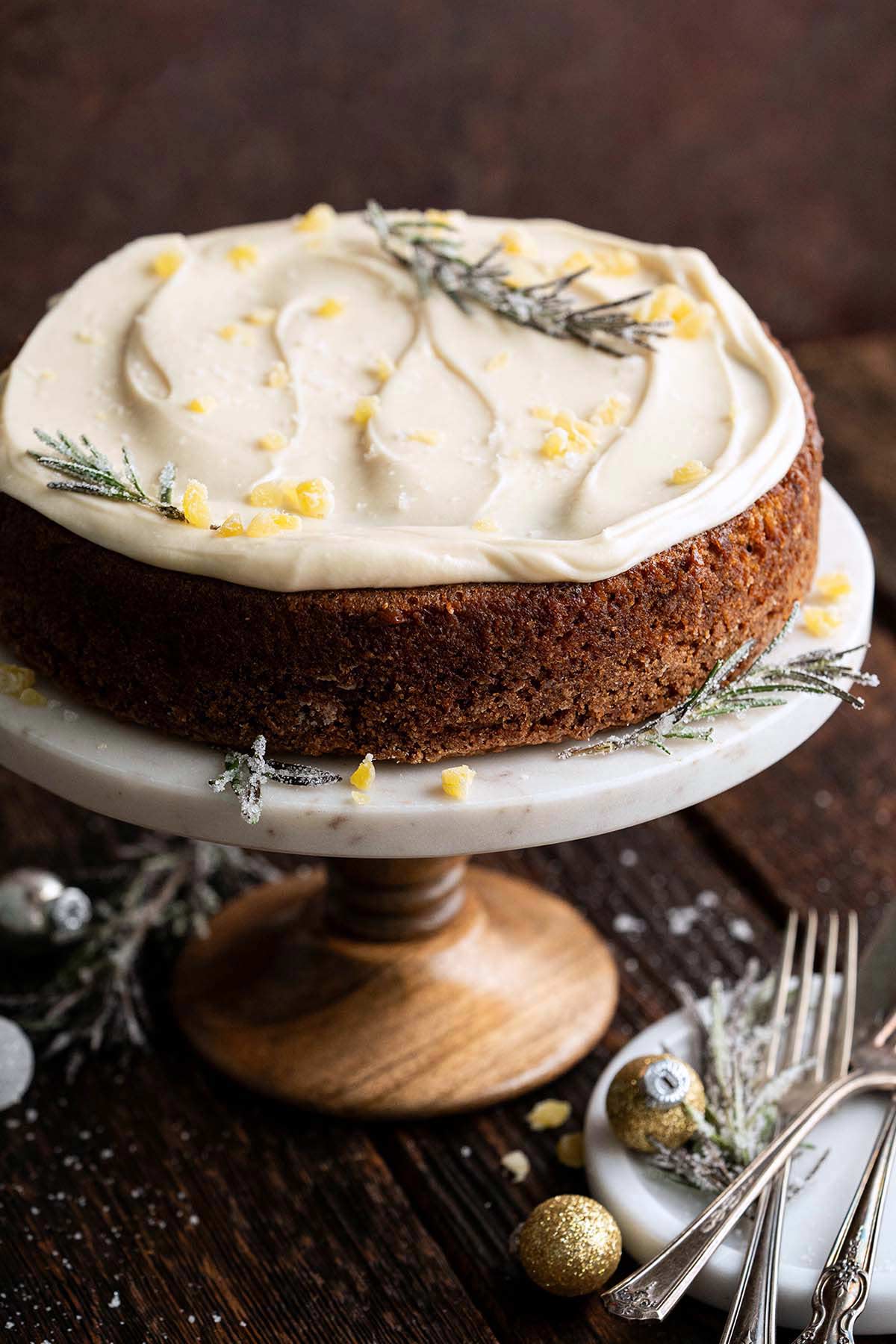 moist ginger spice apple cake on stand