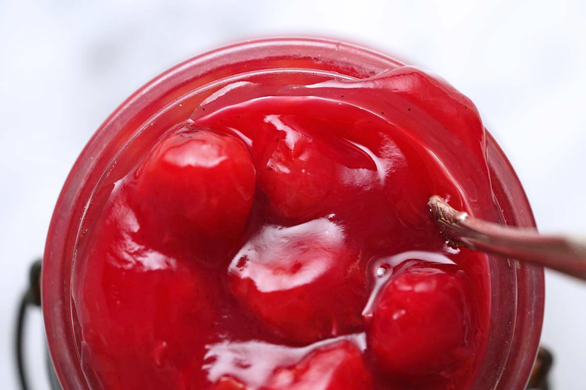 top view of glass jar with homemade pie filling