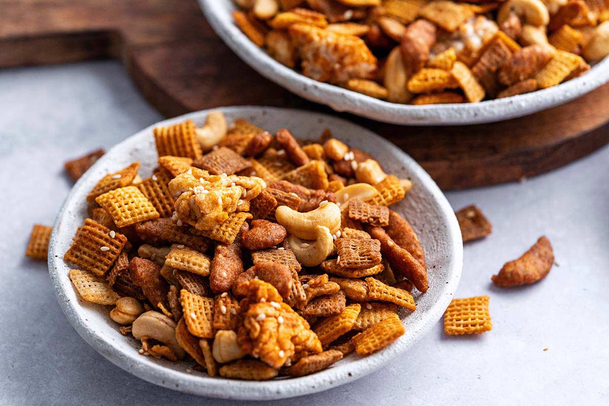 close up front view of bowl of Chex party mix