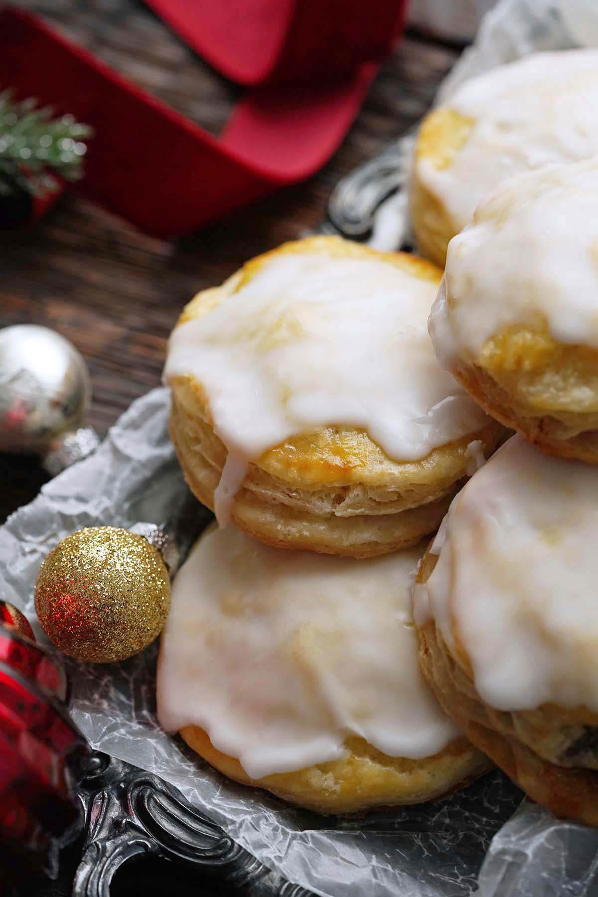 stack of flaky mincemeat pastries with icing