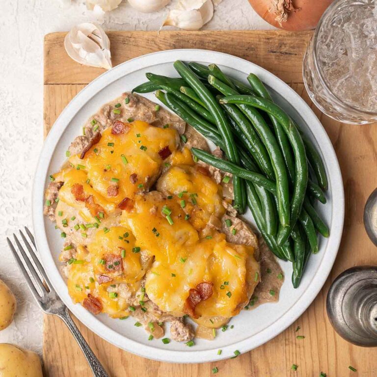 slow cooker ground beef and potato casserole recipe featured image