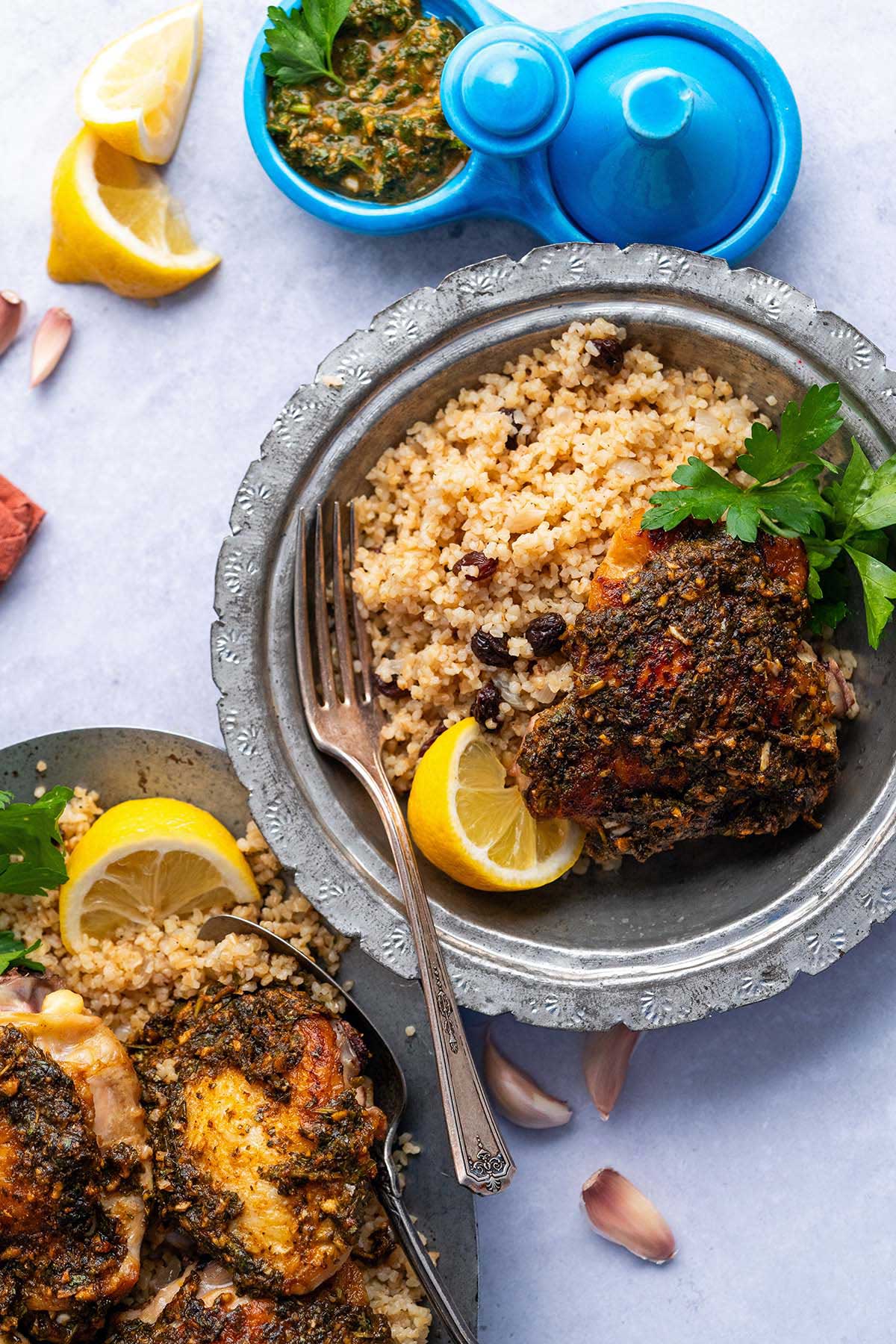 quick and easy bulgur wheat pilaf plated with chermoula chicken